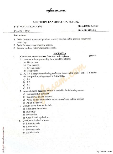 Karnataka 2nd Puc Mid Term Question Paper 2023 Accountancy