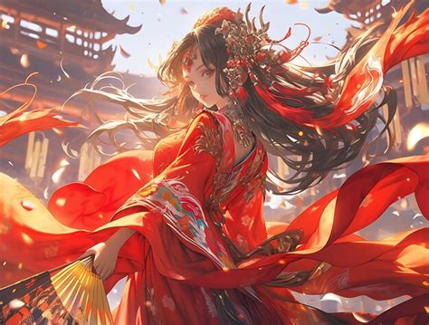 Anime Girl In Red Dress Holding A Fan And Flying Red Fabric Premium