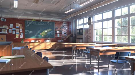 Premium Photo An Empty Classroom With Wooden Tables And Chairs The Desks Are Arranged In Rows