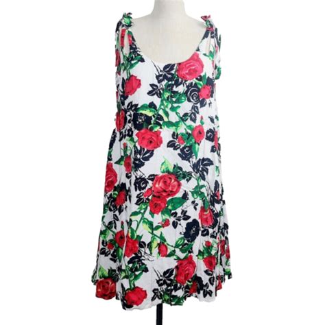 New Umgee Tank Dress L Black Red Floral Roses Sleeveless A Line Swing