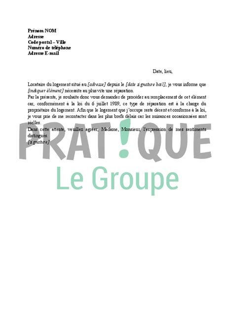 Lettre Demande De R Parations La Charge Du Propri Taire Par Le