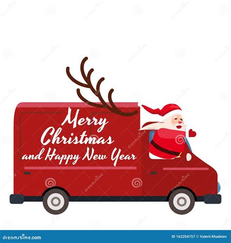 Santa Claus Merry Christmas Drives A Delivery Van Red Delivery Truck