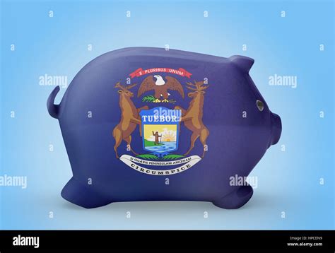 Side View Of A Piggy Bank With The Flag Design Of Michigan Series