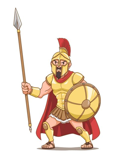 Cartoon character of Greek ancient warrior holding spear and shield ...