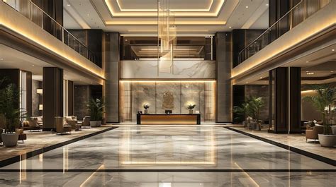 Modern Hotel Lobby With Marble Floors Gold Accents And A Grand