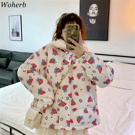 Woherb Womens Harajuku Parkas Kawaii Jacket Strawberry Print Winter