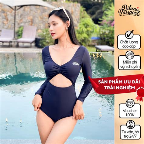 Đồ bơi Nữ BIKINI PASSPORT một mảnh tay dài thân áo cách điệu Xanh