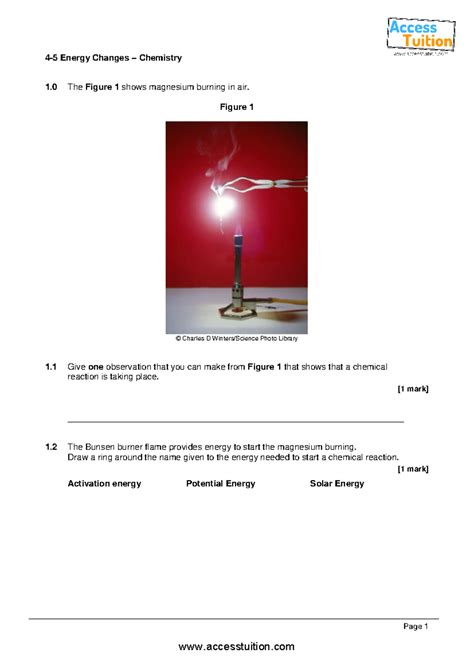 Chemistry Separate C Energy Changes Topic Test With Mark Scheme