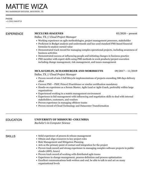 Cloud Project Manager Resume Samples Velvet Jobs