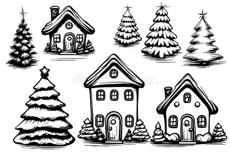 Set Hand Drawn Sketches Cute House And Christmas Trees In Winter On