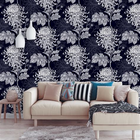 Large Flower Removable Wallpaper Dark Floral Peel And Stick Etsy