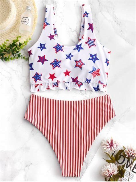 Zaful Patriotic American Flag Ruffle Tankini Swimsuit Multi A Multi B In 2020 Tankini