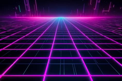 Futuristic Neon Grid With Glowing Horizon Line Background Premium AI