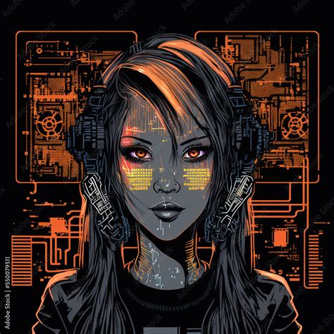 Cyberpunk Girl With Red Computer Schematics Behind Her And On Her Face