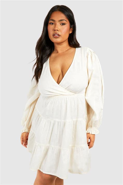 Plus Linen Feel Plunge Tiered Mini Dress Boohoo Uk