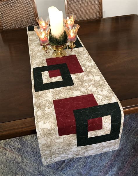 Modern Quilted Table Runner 14x59 Cream Burgundy Green Wallhanging Reversible Tablerunner