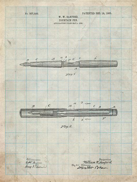 Pp Antique Grid Parchment Sanford Fountain Pen Patent Poster