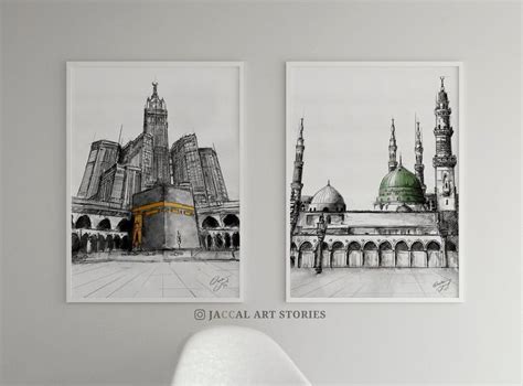 2 Islamic Art Kaaba Mecca And Masjid Nabawi Digital Sketch Watercolor