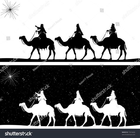 Vector Silhouette Graphic Illustration Depicting The Three Wise Men On Camels Following The