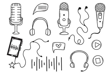 Podcast Set Vector Illustration Doodle Style Collection For