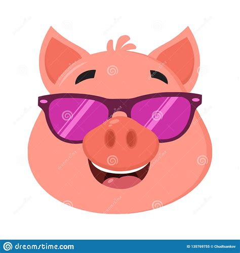 Smiling Pig Cartoon Character Face Portrait With Sunglasses Stock