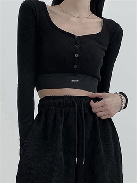 Emmiol Kostenloser Versand 2023 Schwarzes Strick Crop Top Mit