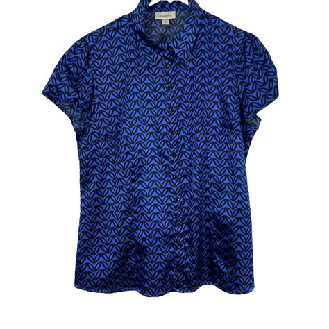 Dressbarn Womens Blue Geometric Short Sleeve Collared Button Up Shirt