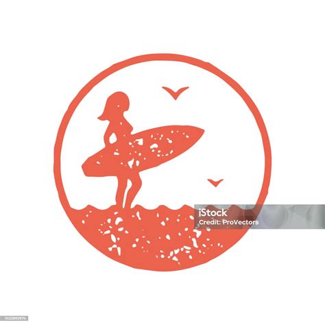 Female Surfer Holding Surfboard Standing Sea Water With Seagulls Red