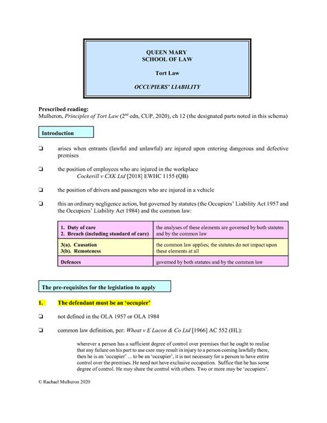 Occupiers Liability Schema Queen Mary School Of Law Tort Law