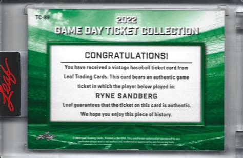 Ryne Sandberg Game Day Ticket Collection Aug Chicago Cubs