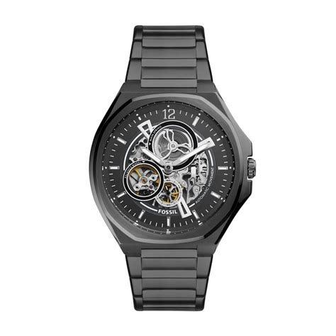 Fossil Mens Evanston Automatic Black Tone Stainless Steel Watch In Black Mens Fashion