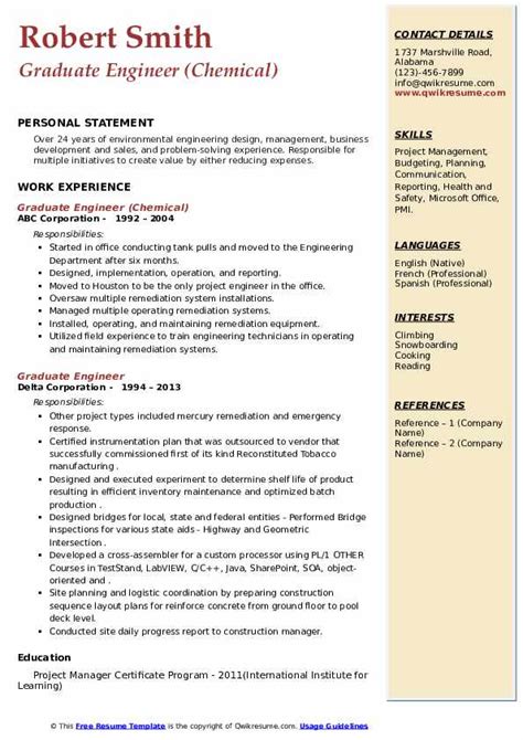 Graduate Engineer Resume Samples Qwikresume