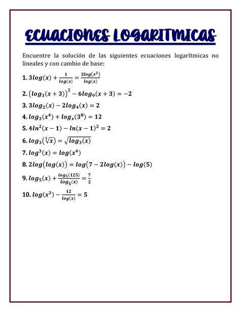 Ecuaciones Logaritmicas Tipo ETS ECUACIONES LOGARITMICAS Encuentre La