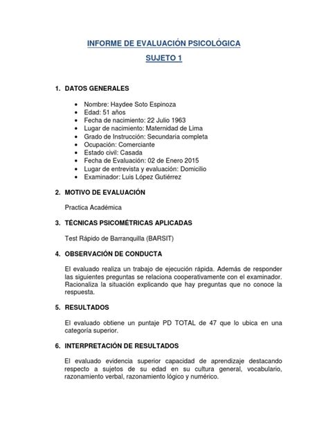 Informe De Evaluación Psicológica Test Barsit