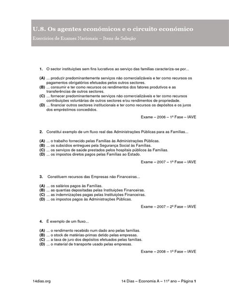 14 Dias U8 Itens De Selecao Exercicios De Exame Pdf Economia Empréstimos