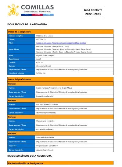 Gu A Docente Ficha T Cnica De La Asignatura Datos Espec Ficos De La