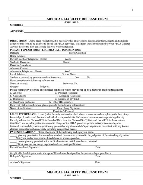 Medical Liability Release Form In Word And Pdf Formats