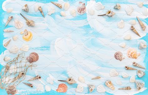 Sea Shells Blue Wooden Background Sea Shells Nautical Background