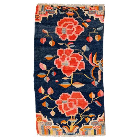 Navy Blue Art Deco Antique Chinese Wool Rug With Floral Motif From The