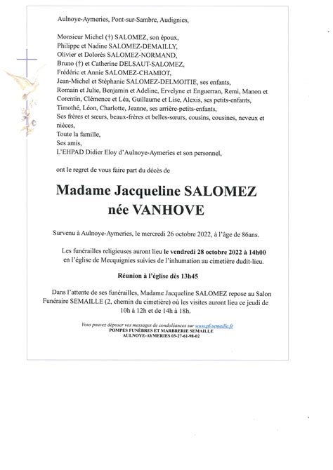 Avis De D C S De Jacqueline Salomez Pompes Fun Bres Semaille