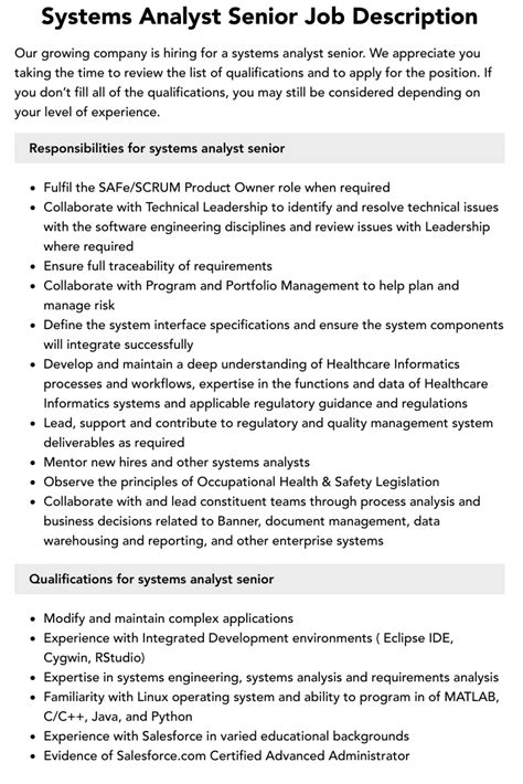 Systems Analyst Senior Job Description Velvet Jobs