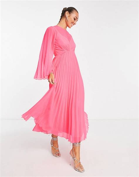 Asos Design Tie Back Fluted Sleeve Pleated Midi Dress In Fluro Pink Asos Pleated Midi Dress