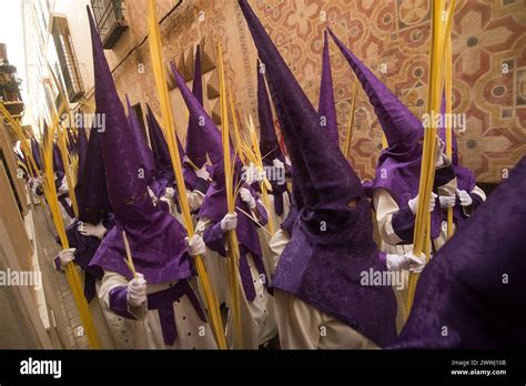 March Malaga Spain Penitents From Pollinica Brotherhood