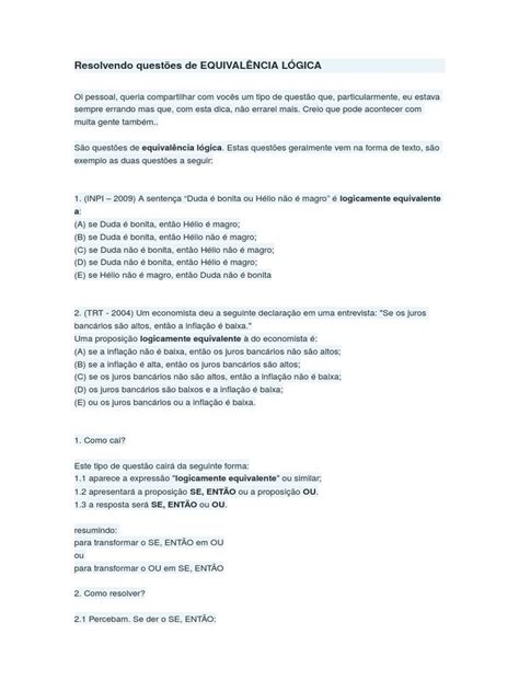 Resolvendo Questões De EquivalÊncia LÓgica Download Grátis Pdf