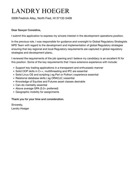 Development Operations Cover Letter Velvet Jobs