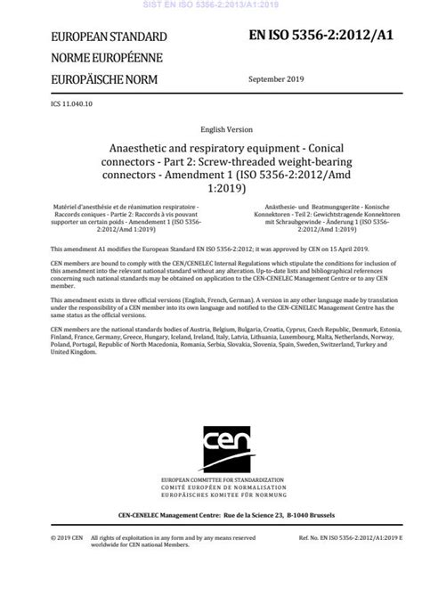 EN ISO 5356-2:2012/A1:2019 - Anaesthetic and respiratory equipment ...