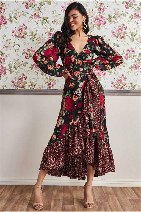 Goddiva Frill Hem Wrap Maxi Dress Red Print