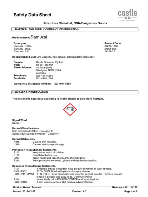 Samurai Sds Pdf Toxicity Personal Protective Equipment