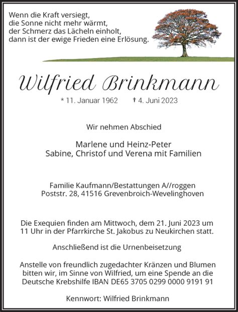 Alle Traueranzeigen F R Wilfried Brinkmann Trauer Rp Online De