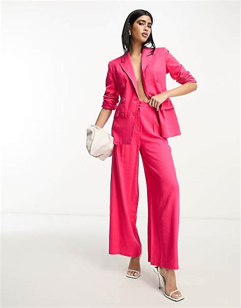 Asos Design Wide Leg Suit Trousers With Linen In Hot Pink Asos